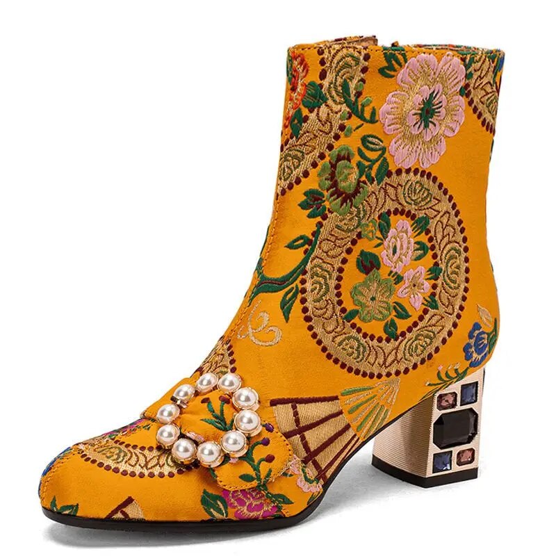 Kioni Silk Embroidery Bejeweled Ankle Boots