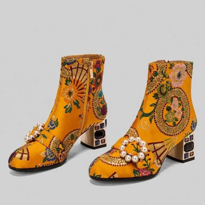 Kioni Silk Embroidery Bejeweled Ankle Boots