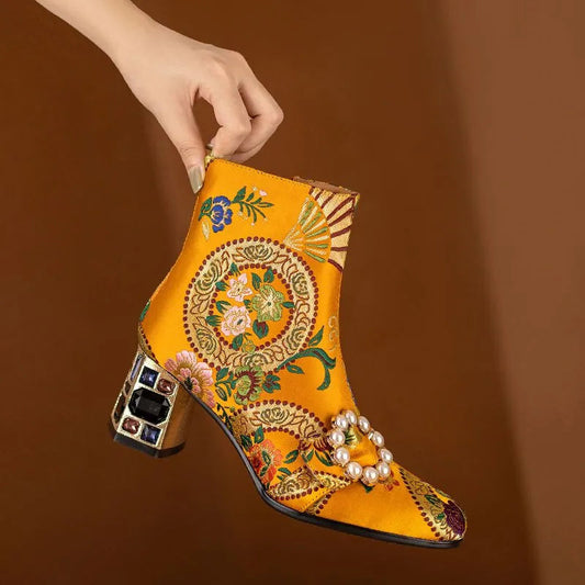 Kioni Silk Embroidery Bejeweled Ankle Boots