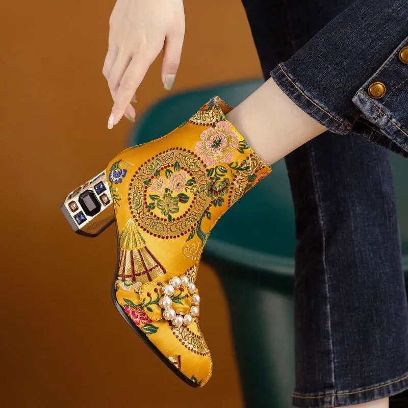 Kioni Silk Embroidery Bejeweled Ankle Boots