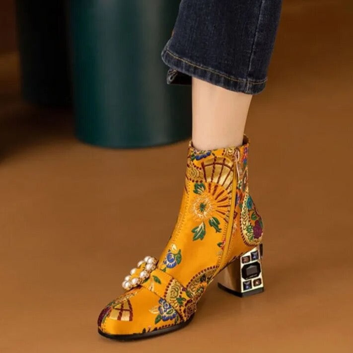 Kioni Silk Embroidery Bejeweled Ankle Boots