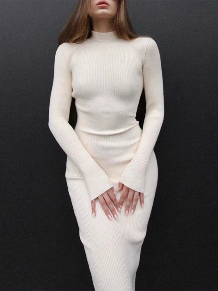 Knitted White Turtleneck Elegant Fashion Midi Bodycon Dress