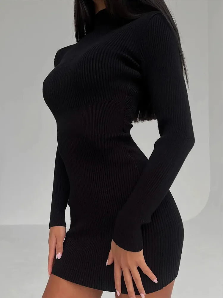 Knitted White Turtleneck Elegant Fashion Midi Bodycon Dress