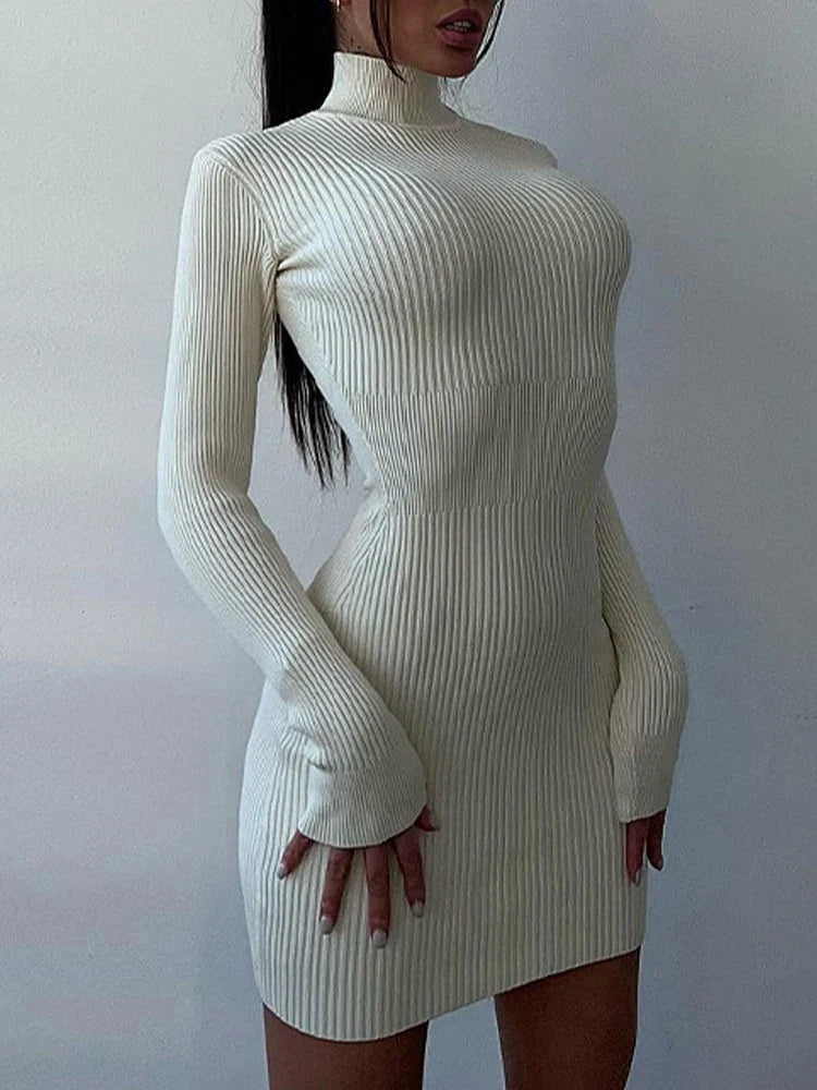 Knitted White Turtleneck Elegant Fashion Midi Bodycon Dress
