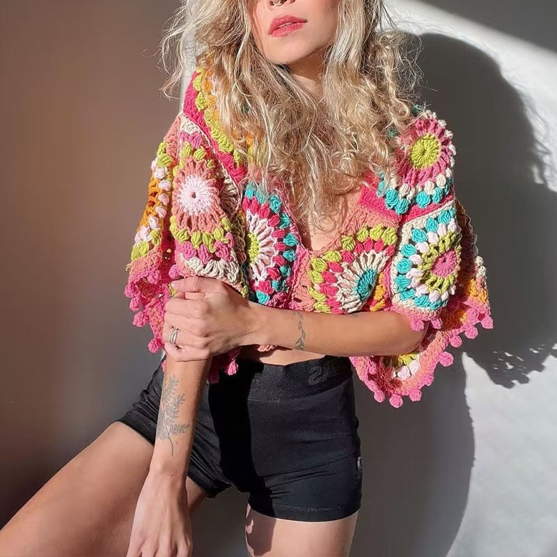 Krizia Bohemian Multicolor Crochet Crop Top