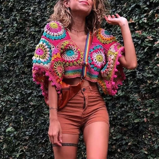 Krizia Bohemian Multicolor Crochet Crop Top