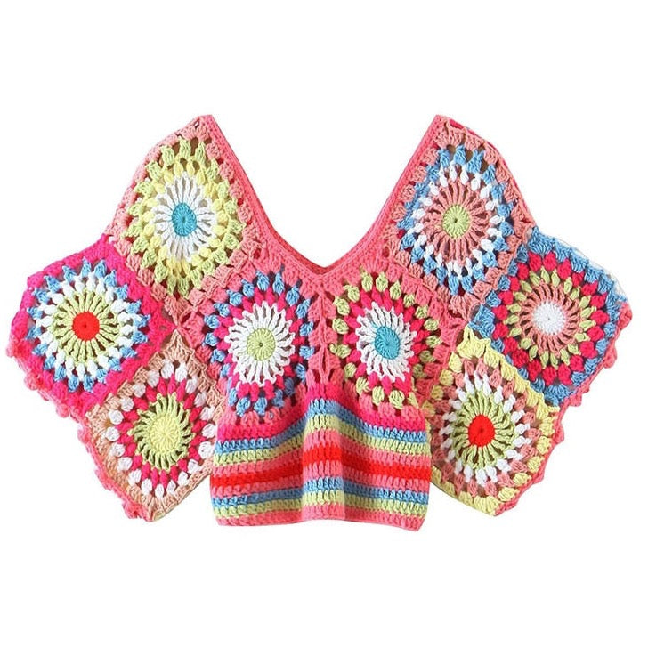 Krizia Bohemian Multicolor Crochet Crop Top