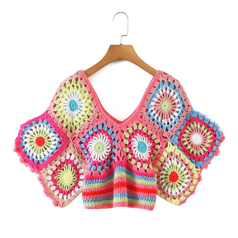 Krizia Bohemian Multicolor Crochet Crop Top