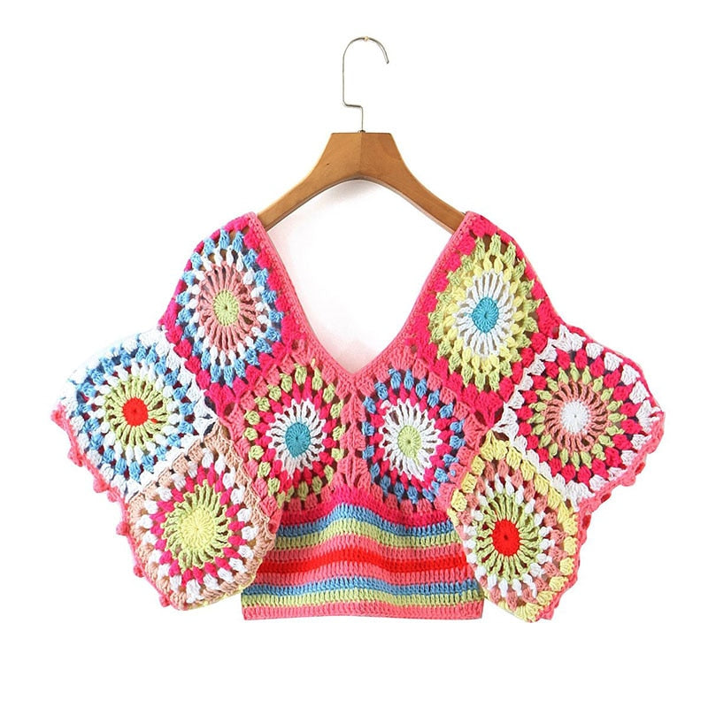 Krizia Bohemian Multicolor Crochet Crop Top