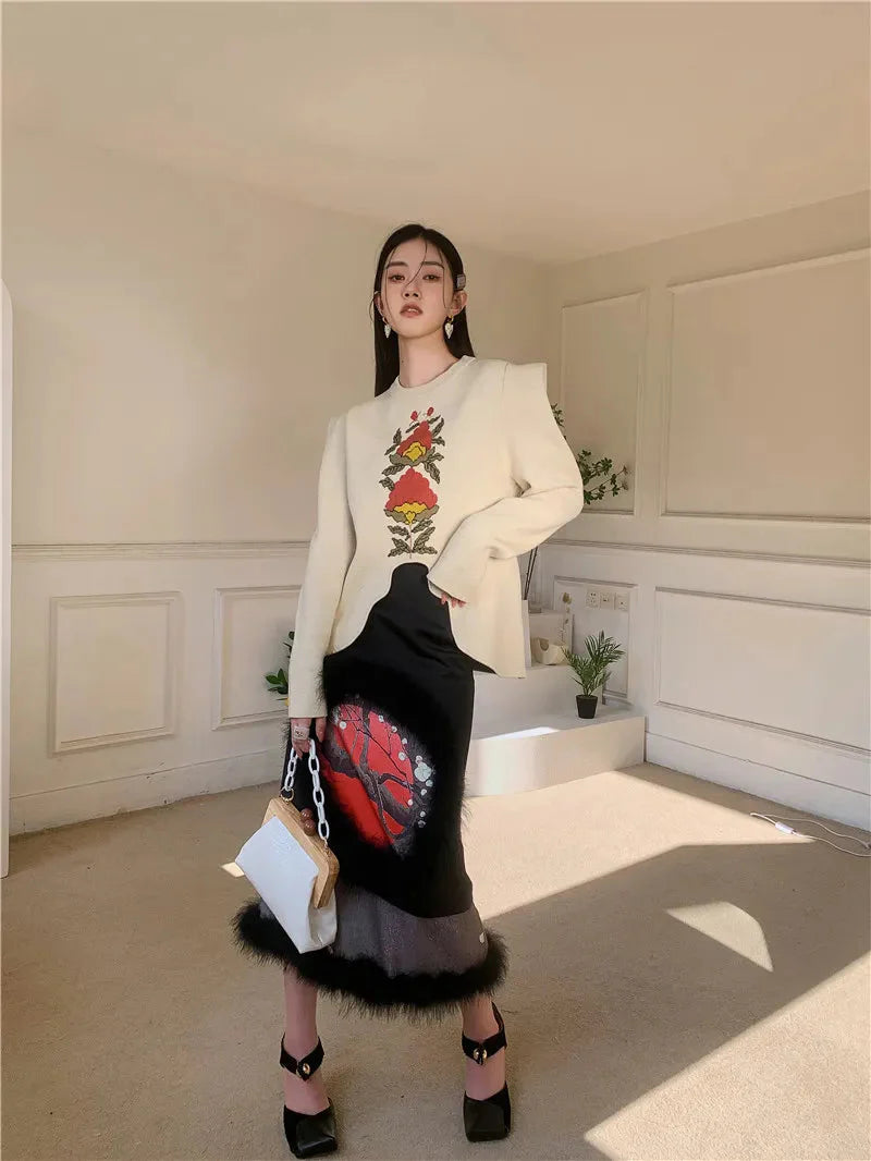 L e a Puff Sleeve Floral Elegant Knit Sweater