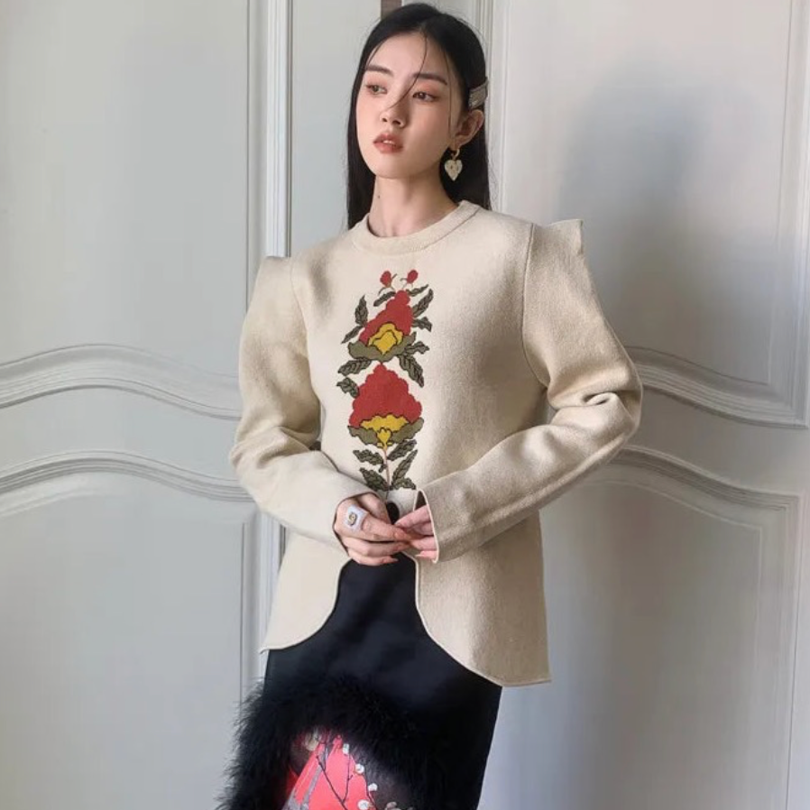 L e a Puff Sleeve Floral Elegant Knit Sweater