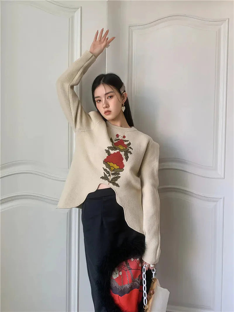 L e a Puff Sleeve Floral Elegant Knit Sweater