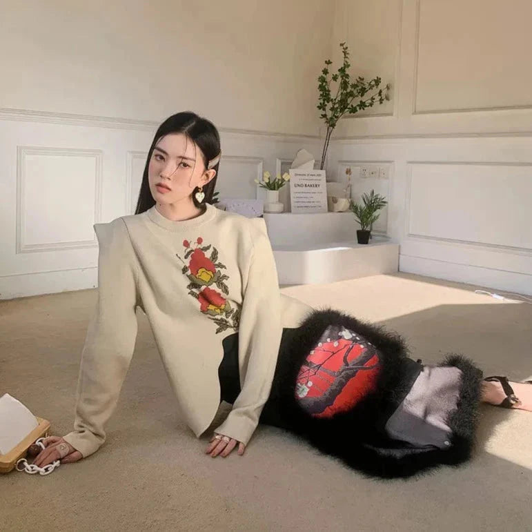 L e a Puff Sleeve Floral Elegant Knit Sweater