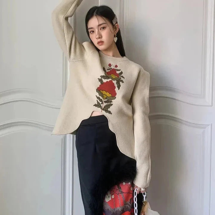 L e a Puff Sleeve Floral Elegant Knit Sweater