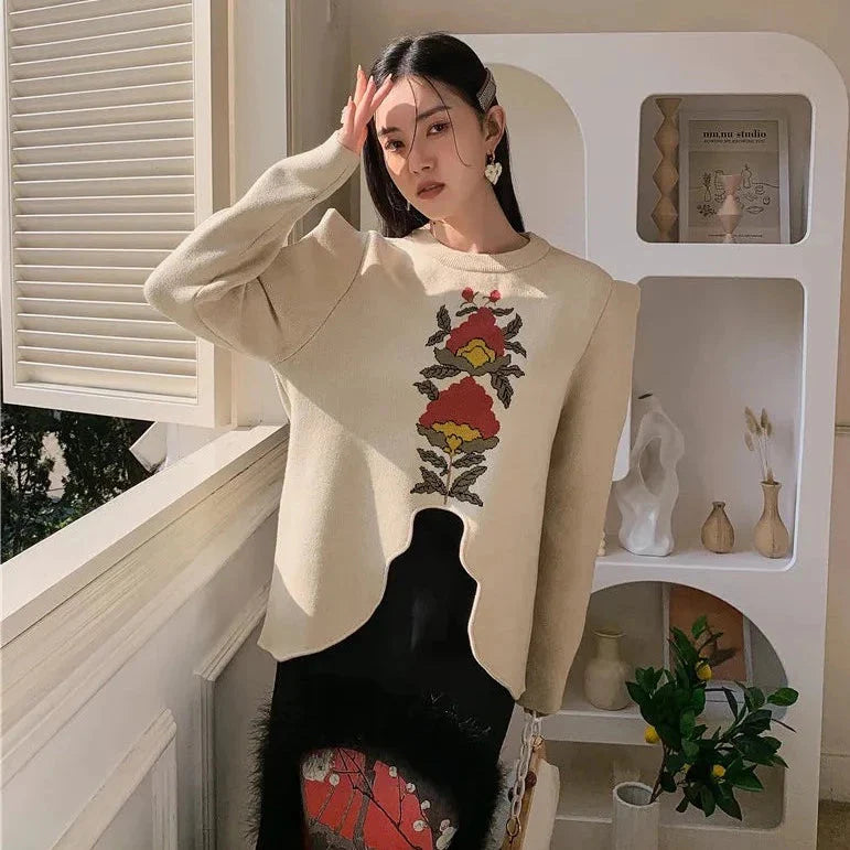 L e a Puff Sleeve Floral Elegant Knit Sweater