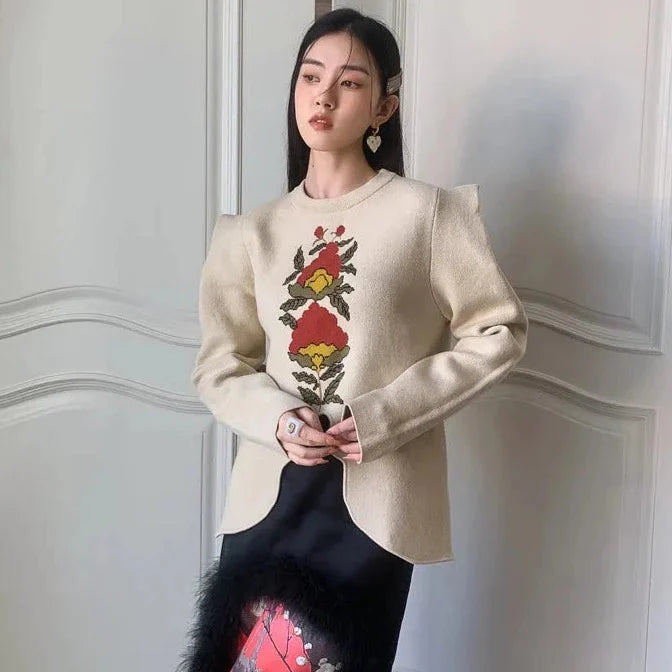 L e a Puff Sleeve Floral Elegant Knit Sweater