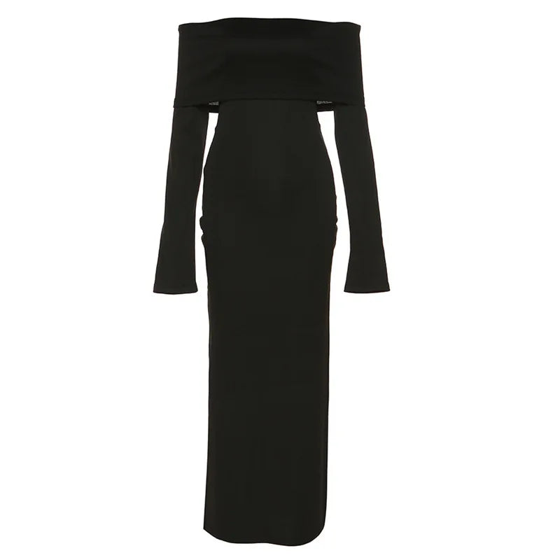 Off-Shoulder Lapel Neck Long Sleeve Maxi Dress