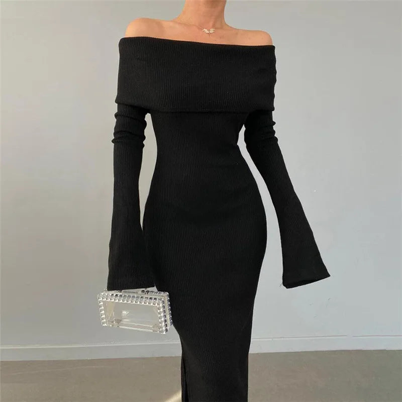 Off-Shoulder Lapel Neck Long Sleeve Maxi Dress