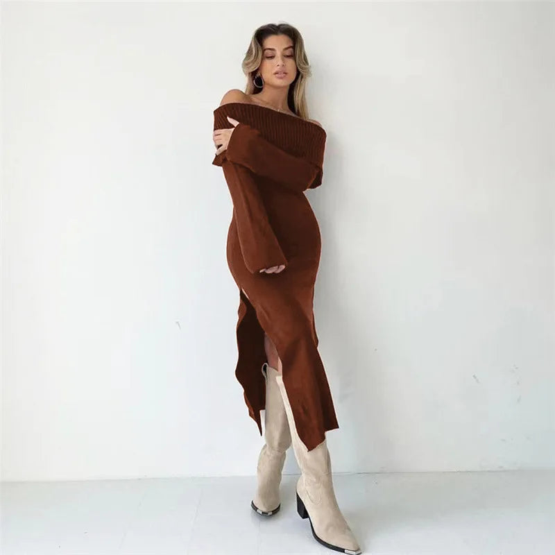 Off-Shoulder Lapel Neck Long Sleeve Maxi Dress