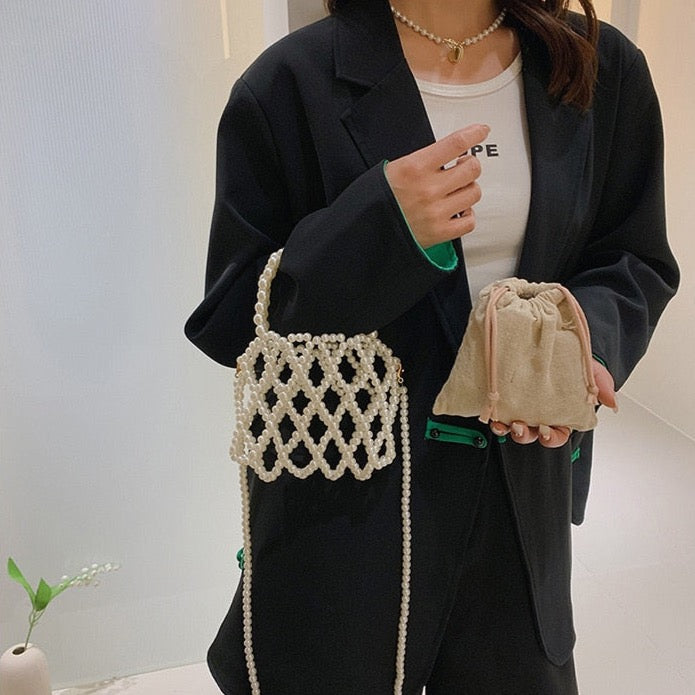 Lattice Pearl Beaded Mini Crossbody Bag