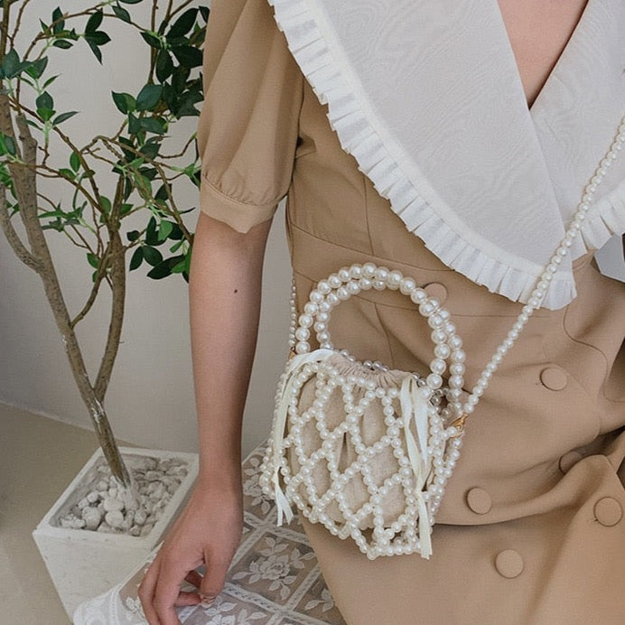 Lattice Pearl Beaded Mini Crossbody Bag