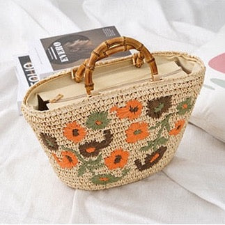 Lavinia Floral Embroidery Straw Baskets - 3 Colors
