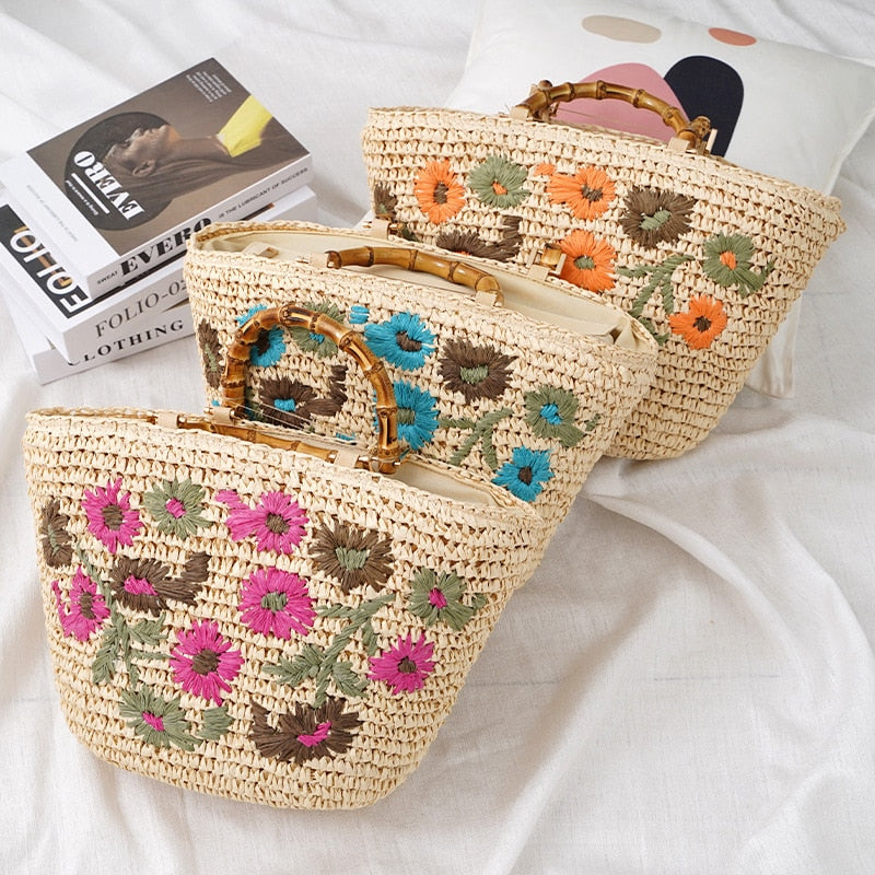 Lavinia Floral Embroidery Straw Baskets - 3 Colors