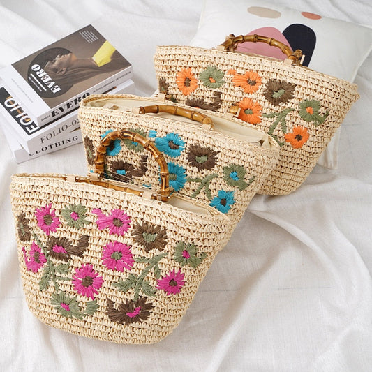 Lavinia Floral Embroidery Straw Baskets - 3 Colors