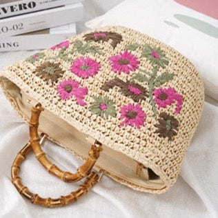 Lavinia Floral Embroidery Straw Baskets - 3 Colors