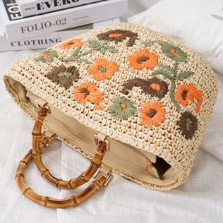 Lavinia Floral Embroidery Straw Baskets - 3 Colors