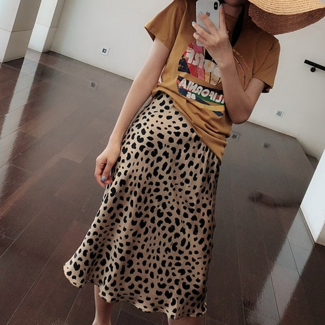 Leopard Print Satin Midi Skirts