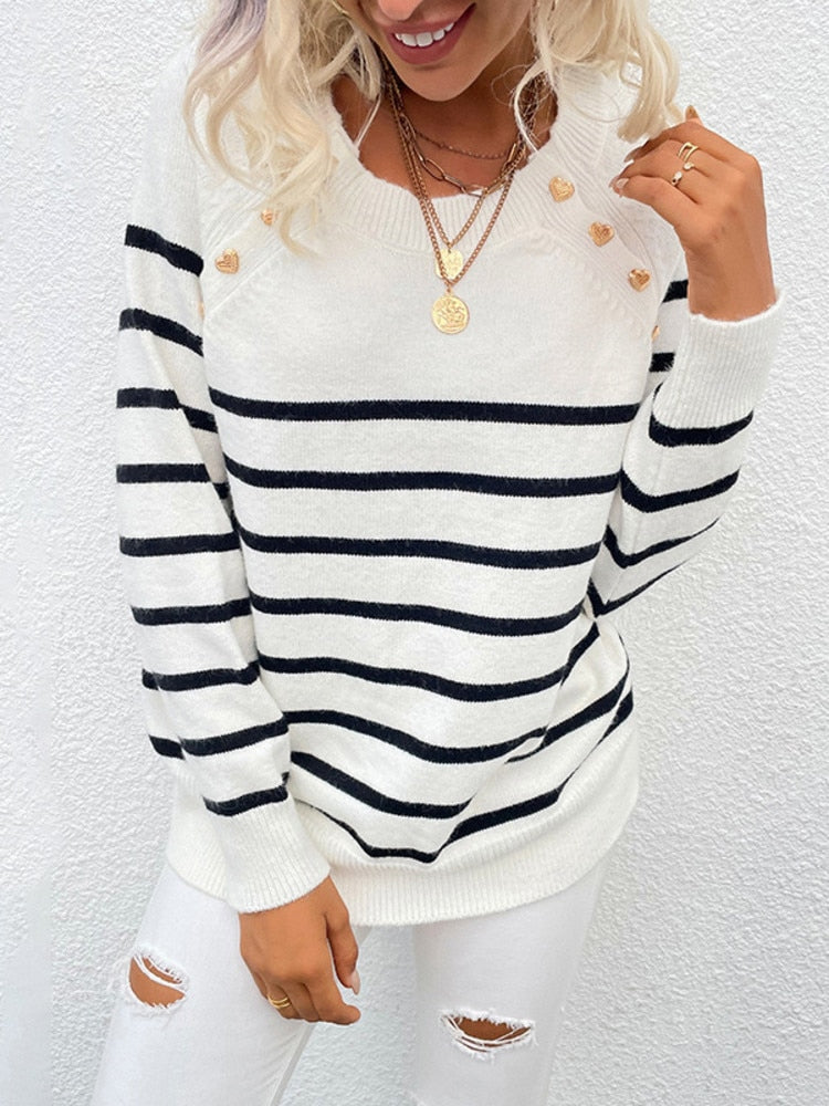 Striped Button Knitted Pullover Sweater