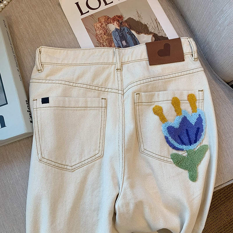 Lidia Flower Embroidery Off-White Jeans