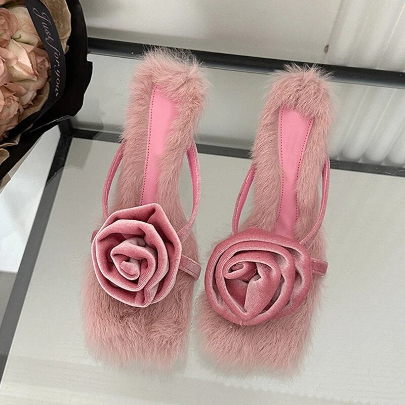 Liekki Velvet Rose Furry Pumps