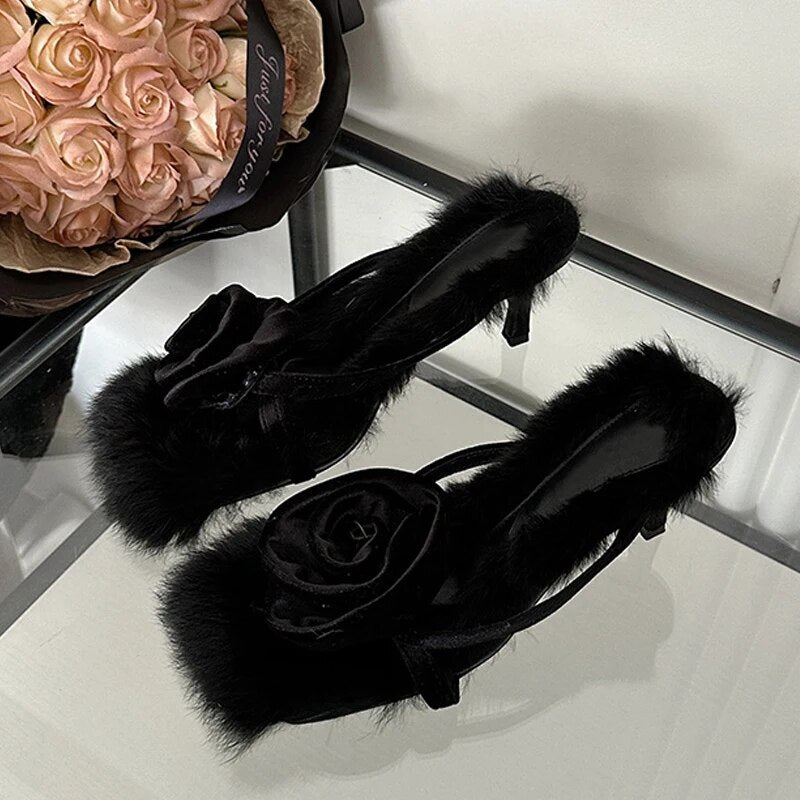 Liekki Velvet Rose Furry Pumps