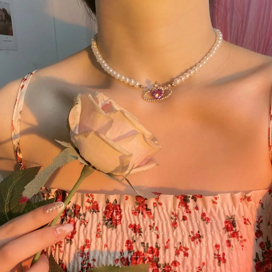 Lilac Heart Saturn Pendant Pearl Choker Necklace