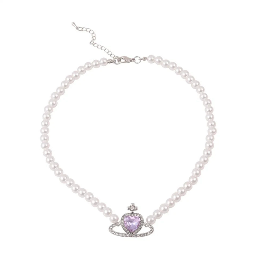 Lilac Heart Saturn Pendant Pearl Choker Necklace