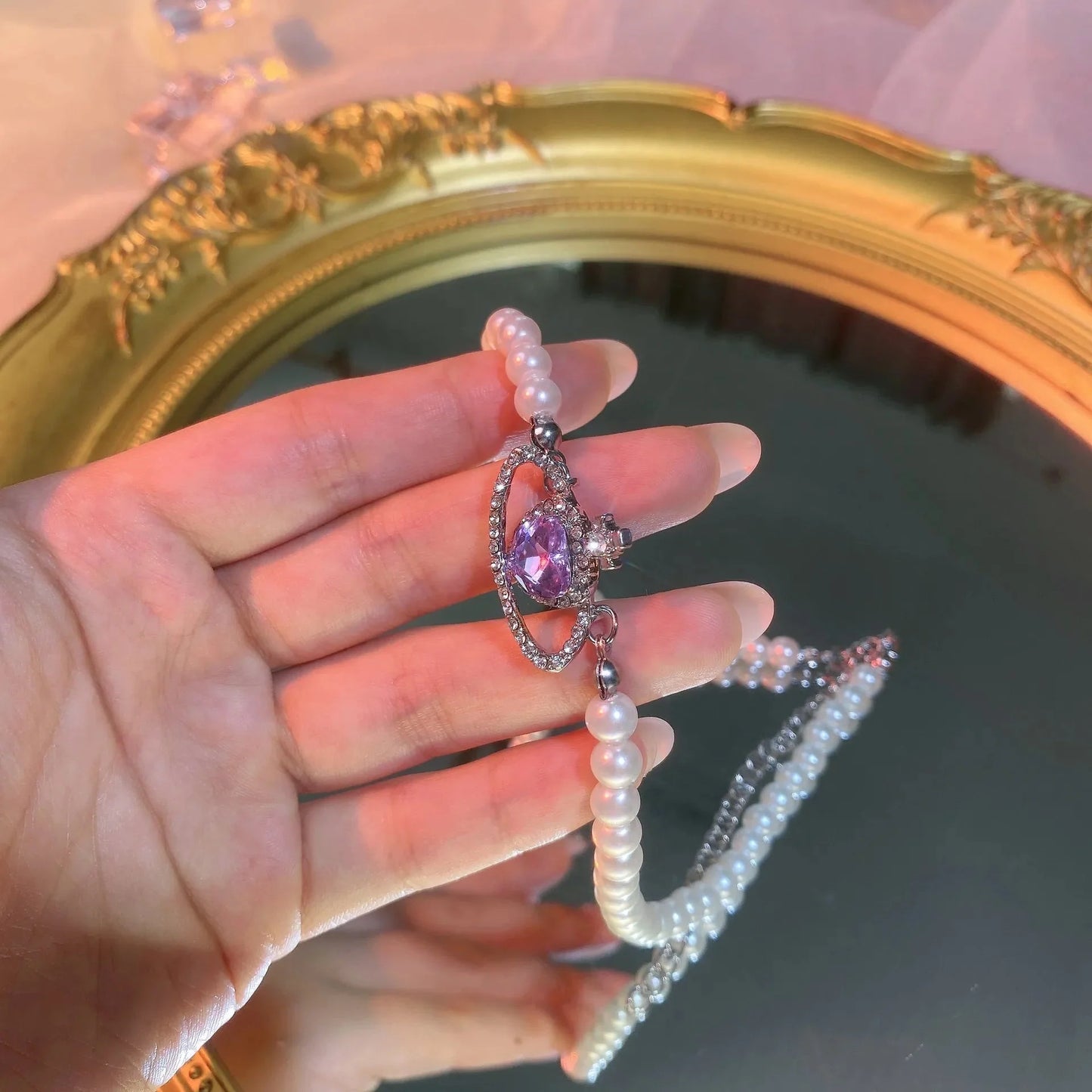 Lilac Heart Saturn Pendant Pearl Choker Necklace