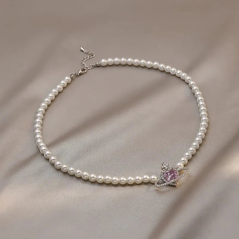 Lilac Heart Saturn Pendant Pearl Choker Necklace