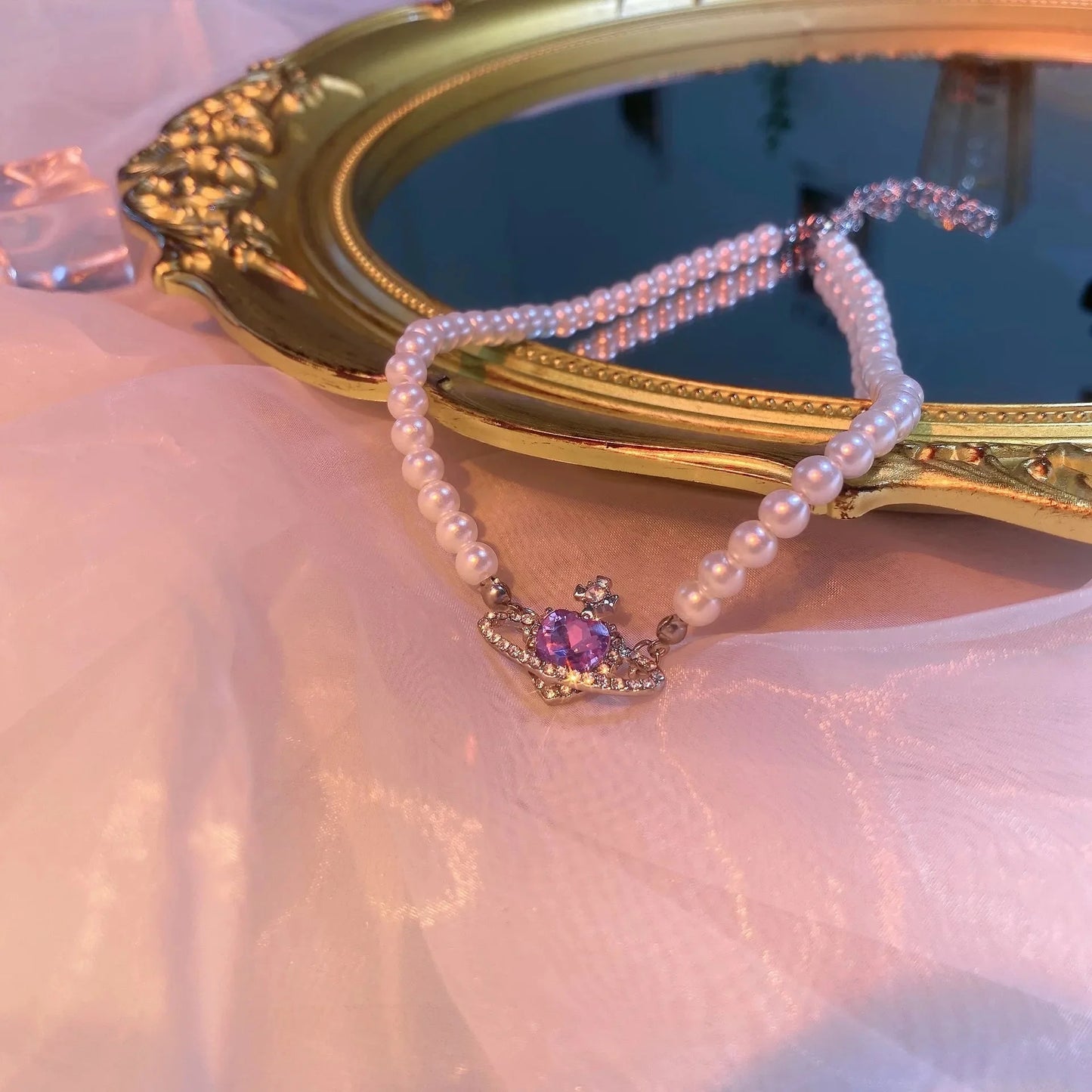 Lilac Heart Saturn Pendant Pearl Choker Necklace