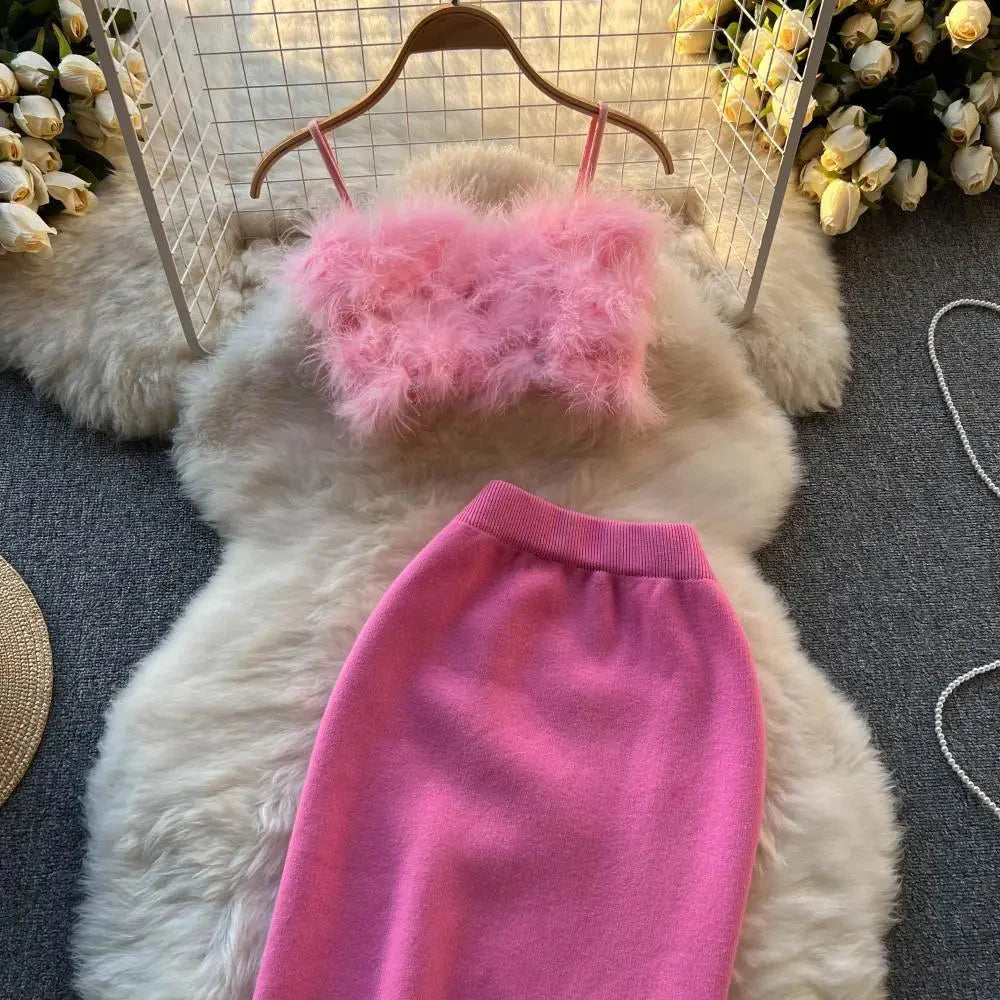 Lina Faux Fur Bra Top and Knit Skirt 2-Piece Set