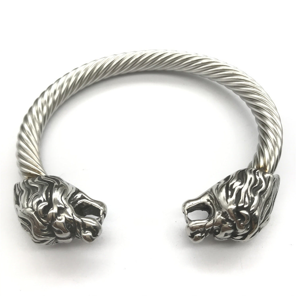 Lion Heads Steel Wire Rope Cuff Bracelet