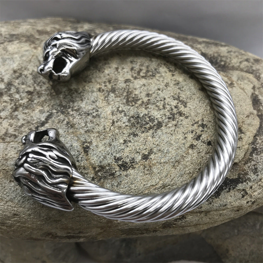Lion Heads Steel Wire Rope Cuff Bracelet