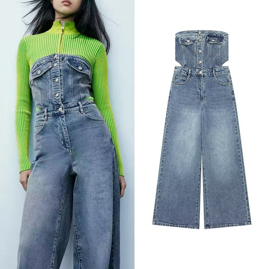 Liva Bandeau Wide Leg Denim Jumpsuit - 2 Colors