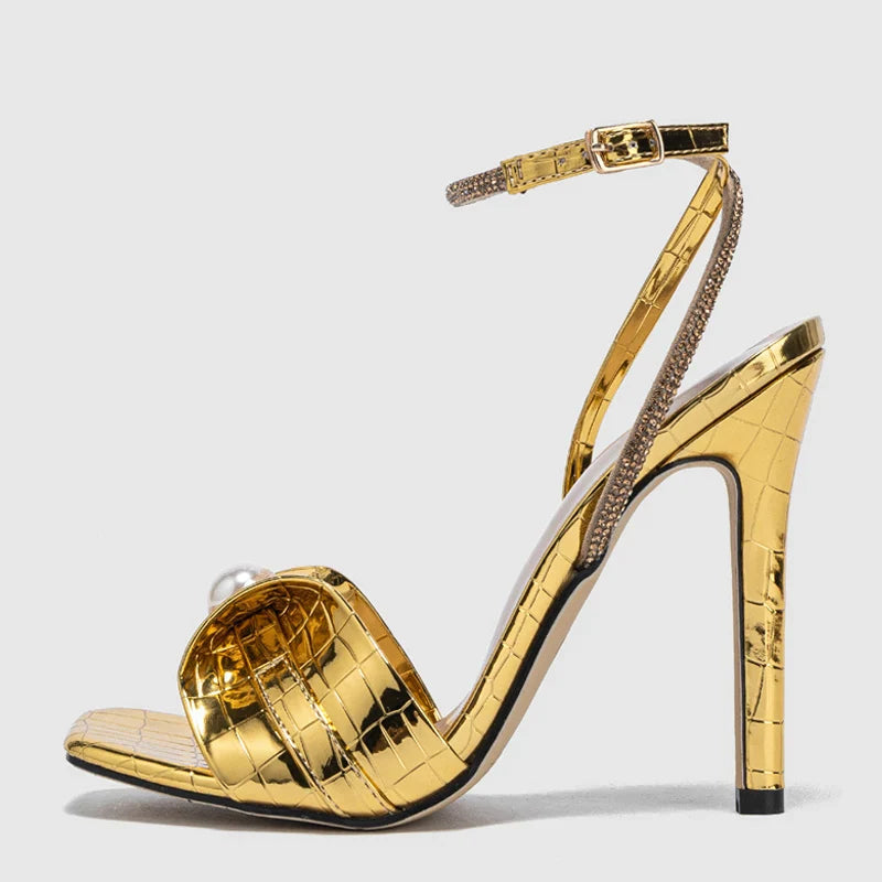 Bold  Gold Snake Print Leather Square Toe High Heel