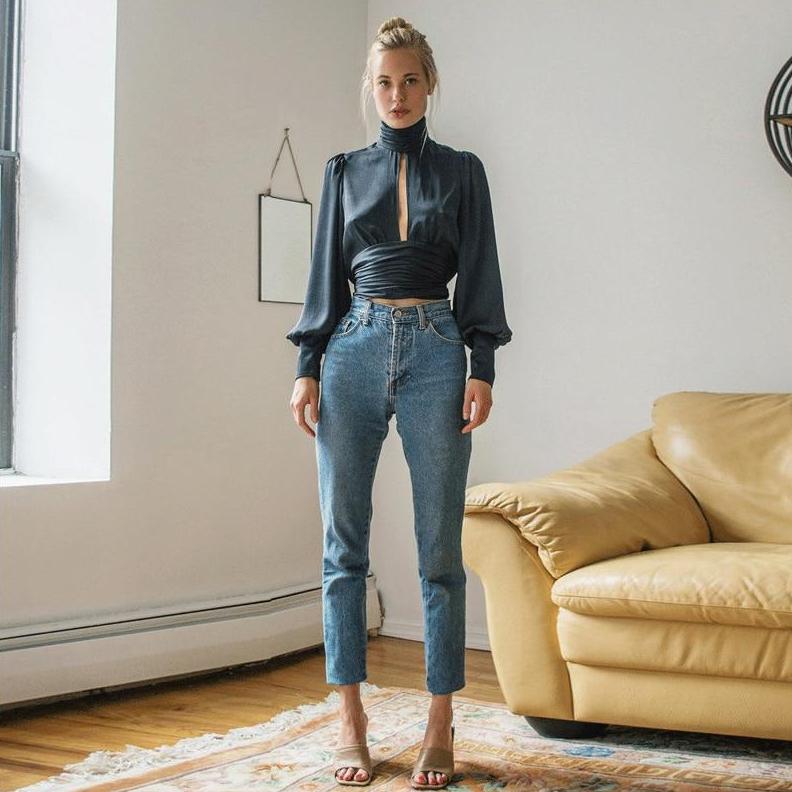 Liz Turtleneck Backless Cropped Satin Blouse