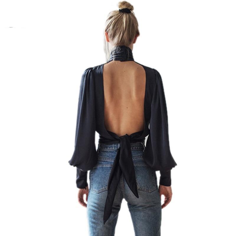 Liz Turtleneck Backless Cropped Satin Blouse