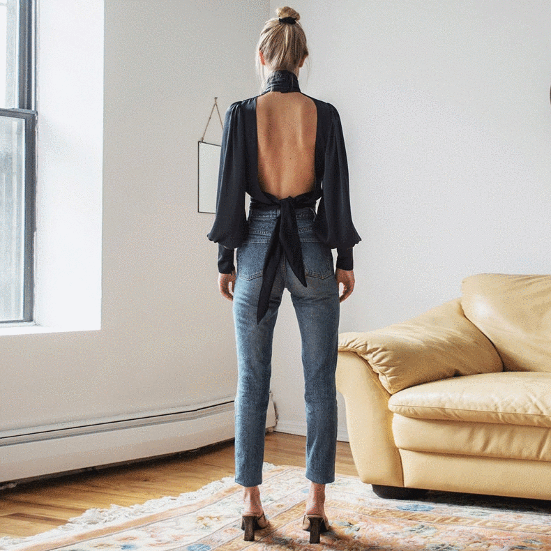 Liz Turtleneck Backless Cropped Satin Blouse