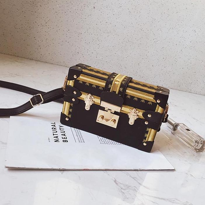 Lock & Embellished Box Clutch Shoulder Bag - 4 Colors