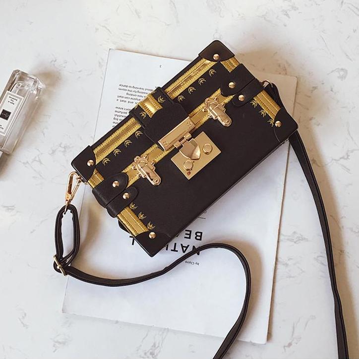 Lock & Embellished Box Clutch Shoulder Bag - 4 Colors